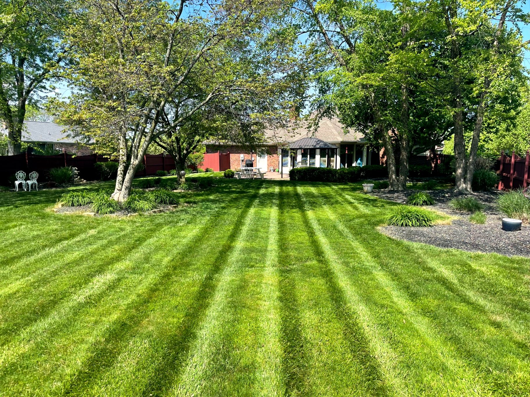 Striped backyard lawn with tidy landscaping beds